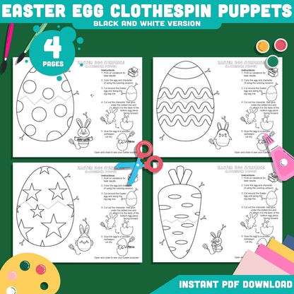 Easter Egg Surprise Craft Printable, Clothespin Puppets Template for Kids with Bunny and Chick, Spring Puppet Craft, 4 Designs, Instant Download