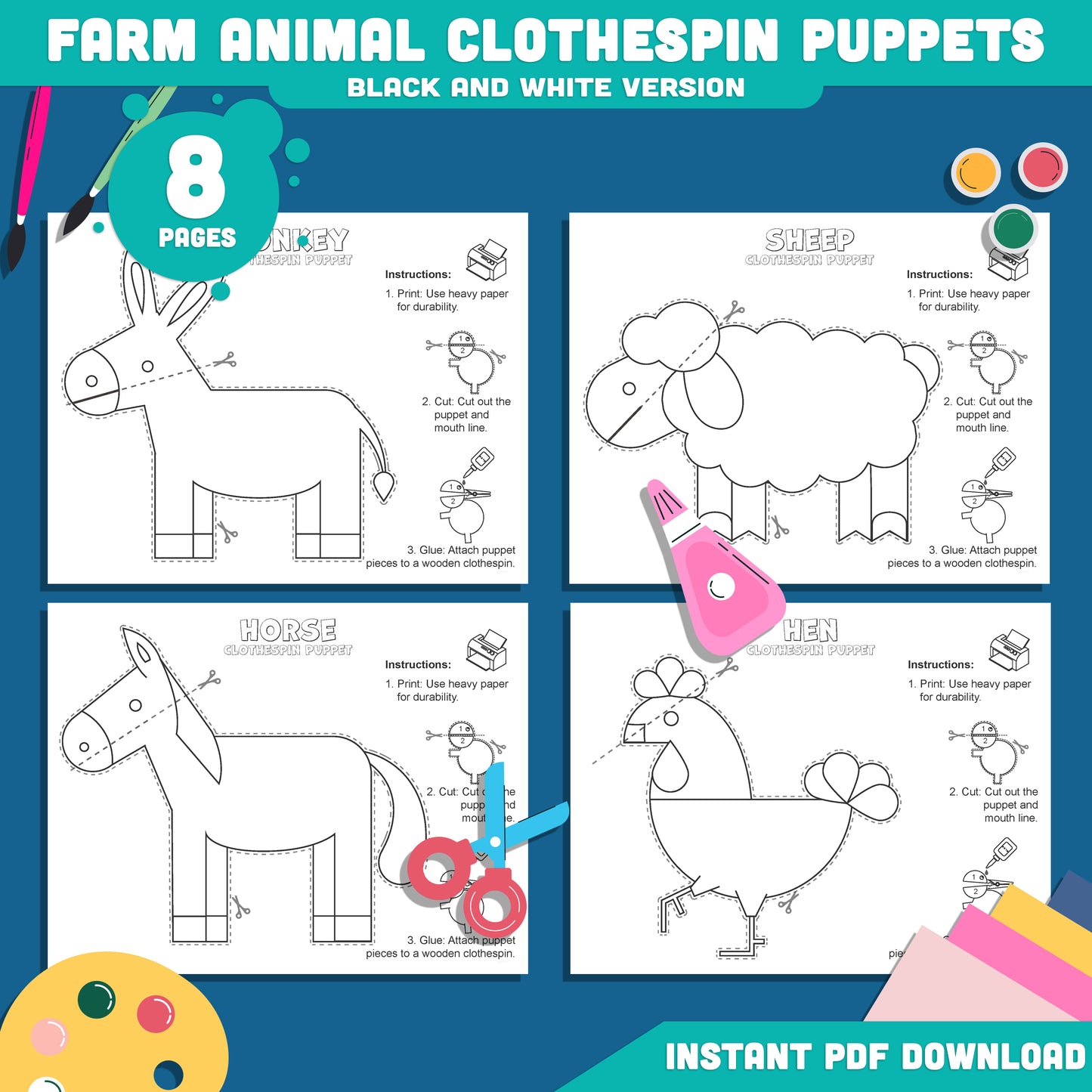 Farm Animal Clothespin Puppets: 8-Page Printable Craft Set with 4 Unique Designs, Pre-Colored and Black & White, Perfect for Fun Dramatic Play.