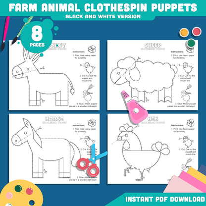 Farm Animal Clothespin Puppets: 8-Page Printable Craft Set with 4 Unique Designs, Pre-Colored and Black & White, Perfect for Fun Dramatic Play.