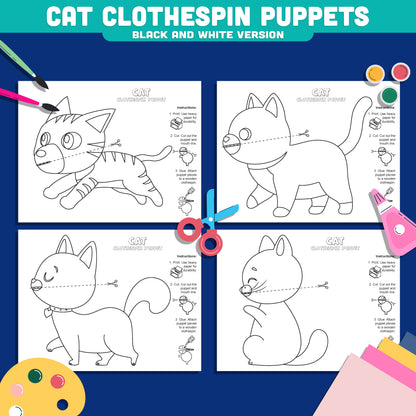 Cat Clothespin Puppets, Color Cut and Play Kitten Craft, Interactive Pet Activity, Printable PDF Download