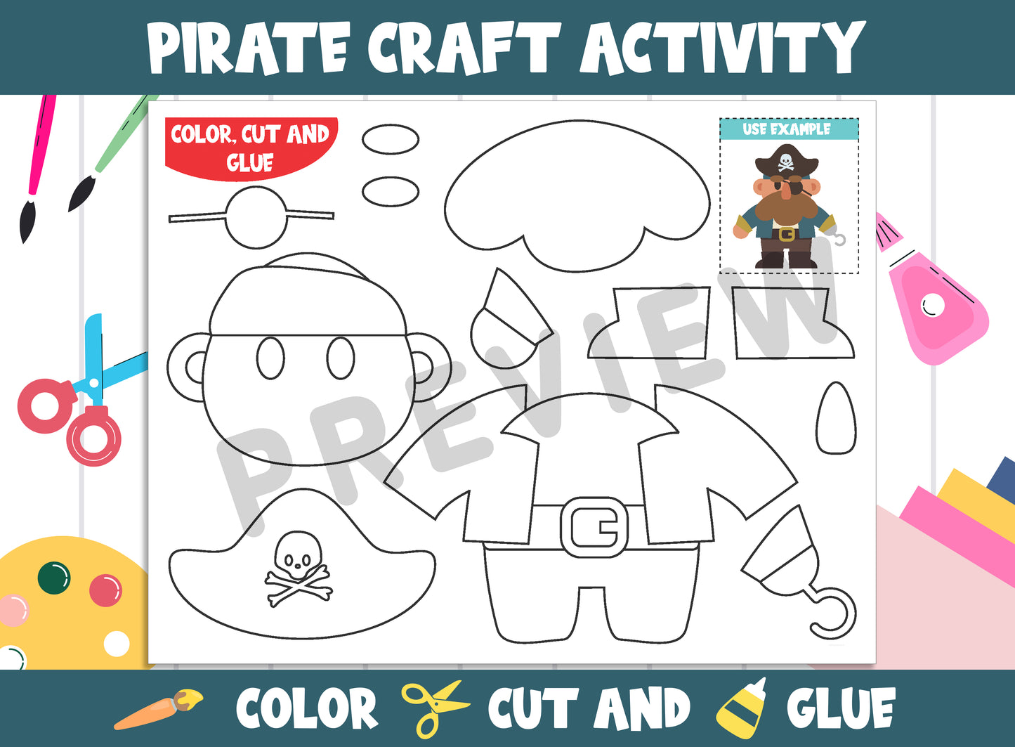 Pirate Craft Activity - Color, Cut, and Glue for PreK to 2nd Grade, PDF File, Instant Download