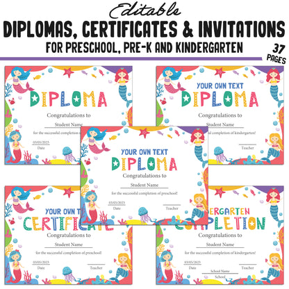 Editable Kindergarten Graduation Invitations, Pre-K and Preschool Completion Certificates, Diplomas, PDF Files, Instant Download