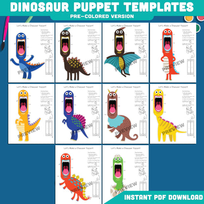 Dinosaur Paper Puppet Templates: 20-Page Fun Printable Craft for Kids, Pre-Colored & B/W, Perfect for Imaginative Play, Easy to Cut & Assemble, Instant PDF Download
