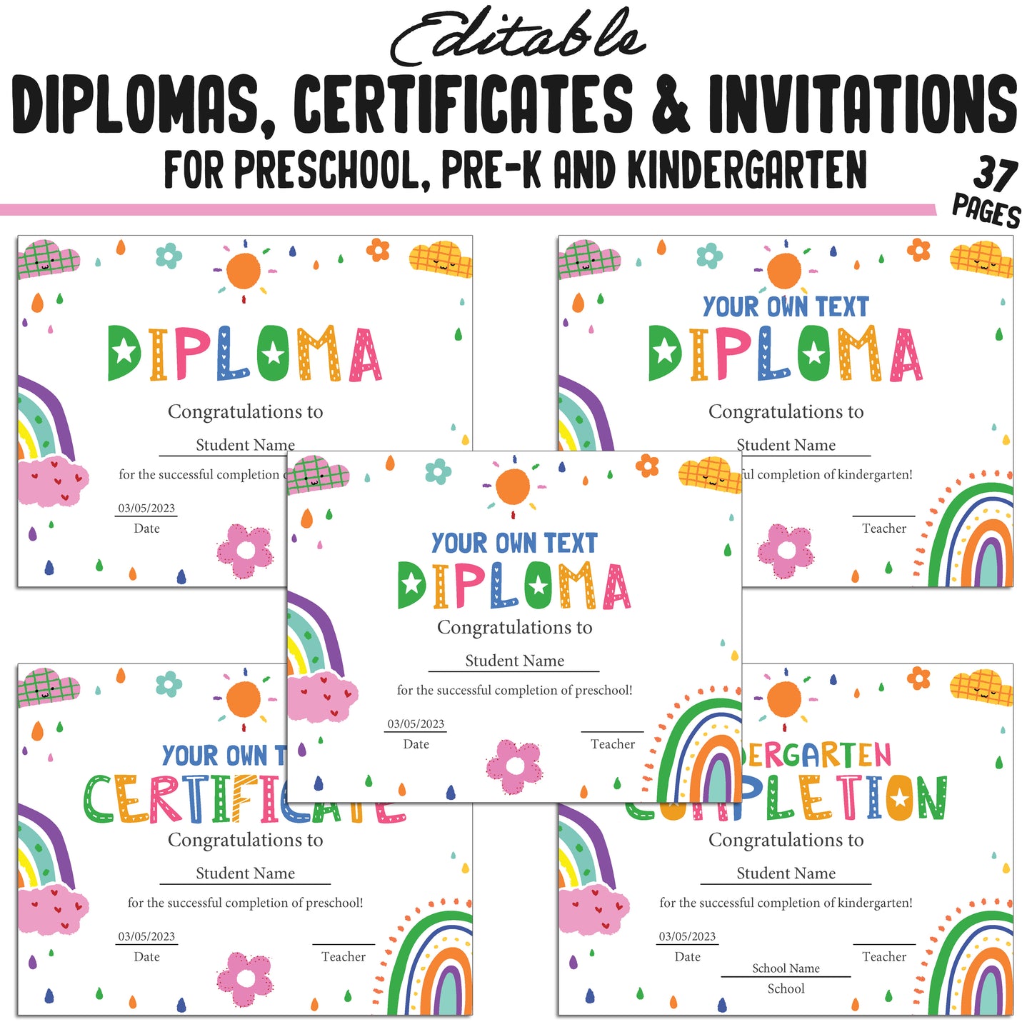 37 Editable Printable Pre-K, Kindergarten, and Preschool Diploma and Invitation Templates (PDF) - Instant Download