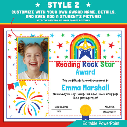 Editable Reading Rock Star Awards – 4 Fun Styles with Photo Options – Classroom, Library & Summer Reading Certificates, Instant Download