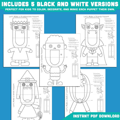 Printable Halloween Puppets: 10 Pages with 5 Pre-Colored + 5 Black and White Designs, Perfect for Spooky Classroom Fun & Halloween Party Crafts!