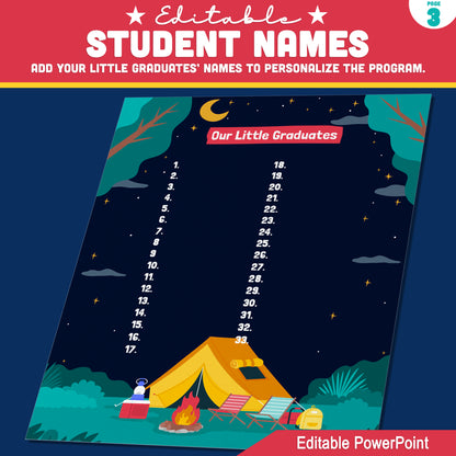 S'mores Camping Graduation Invitation Templates – Editable 4-Page Program for Preschool, Pre-K, Kindergarten, Instant PowerPoint, Cute Campfire Theme