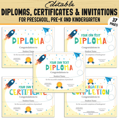 Fun and Editable Preschool, Pre-K, and Kindergarten Diplomas, Certificates, and Invitations – 37 Customizable PDF Pages, Instant Download