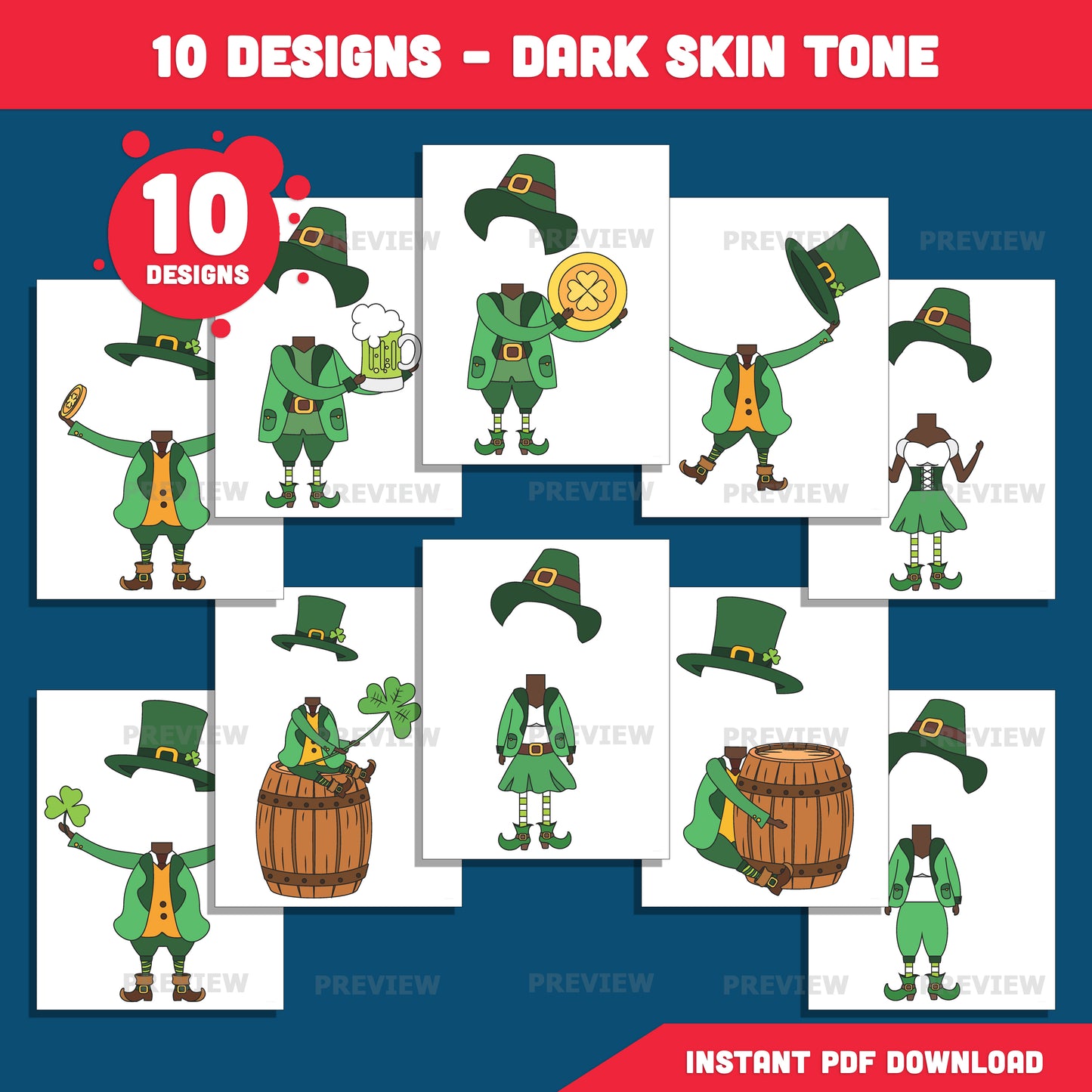 St. Patrick’s Day Body Templates – Leprechaun Add Your Own Face Craft for Kids, Printable Coloring Clip Art