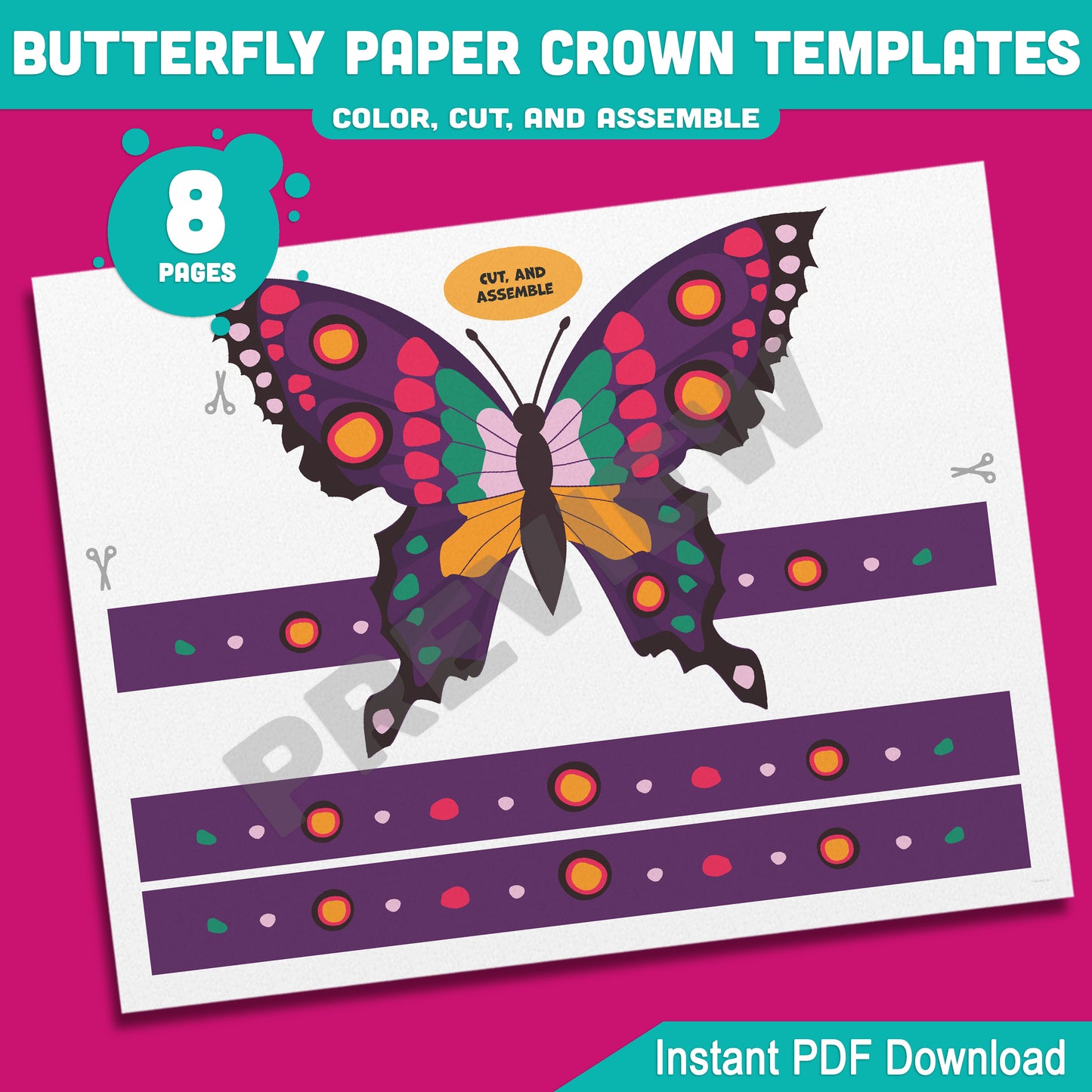 Printable Butterfly Paper Crowns – 4 Adorable Designs for Spring Headband Crafts, Pre-Colored + B&W Versions, 8 Pages for Kids