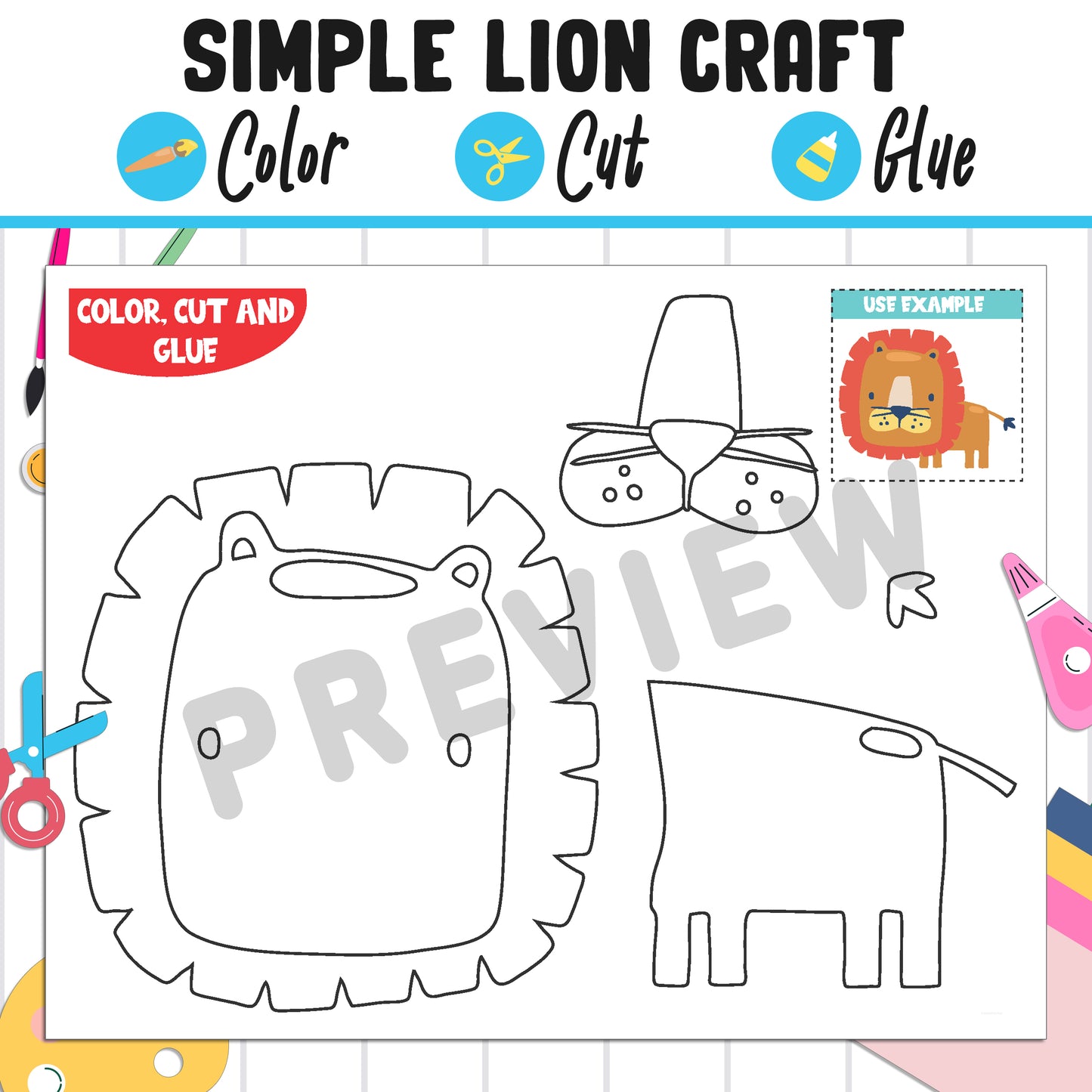 imple Lion Craft for Kids : Color, Cut, and Glue, a Fun Activity for Pre K to 2nd Grade, PDF Instant Download