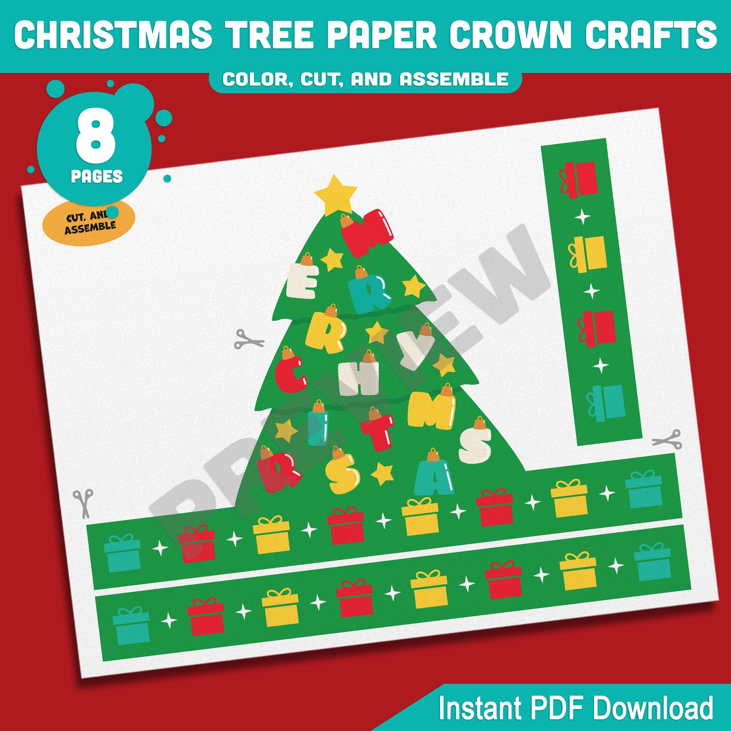 Printable Christmas Tree Paper Crown Crafts, Coloring Hat and Headband for Winter Fun, Holiday Party Paper Hat, 4 Designs, Pre-color + Black & White, PDF Download