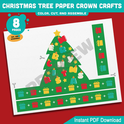 Printable Christmas Tree Paper Crown Crafts, Coloring Hat and Headband for Winter Fun, Holiday Party Paper Hat, 4 Designs, Pre-color + Black & White, PDF Download
