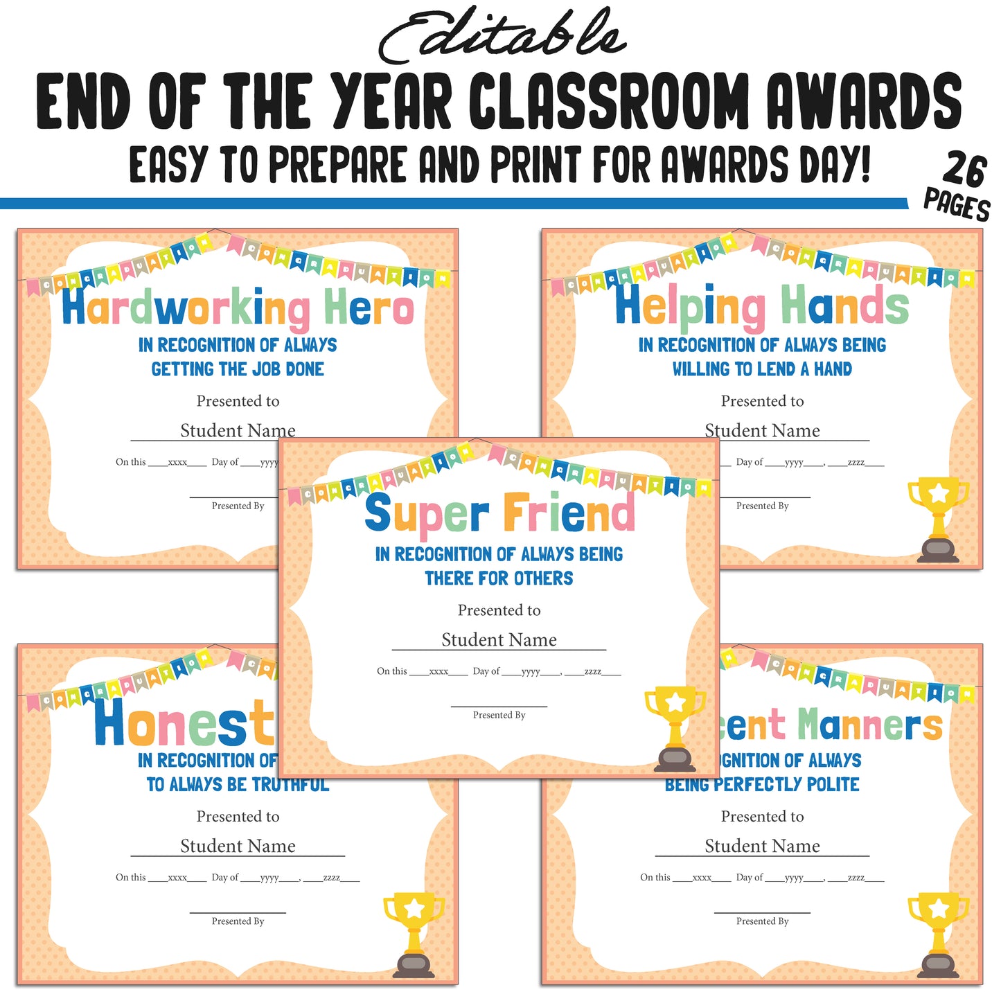 Printable & Editable End of Year Awards Certificates, 26 Pages, PDF, Instant Download – Perfect for Classroom and Student Achievements