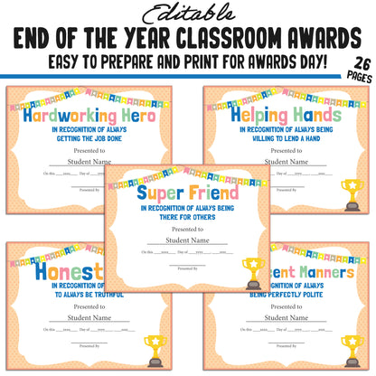 Printable & Editable End of Year Awards Certificates, 26 Pages, PDF, Instant Download – Perfect for Classroom and Student Achievements