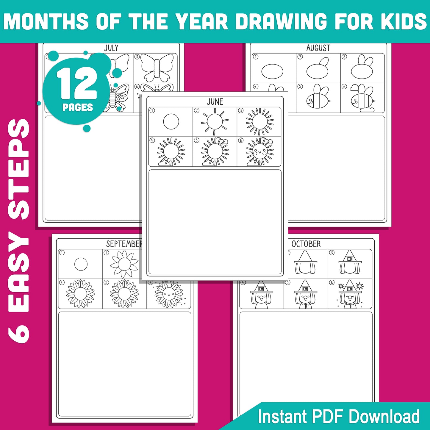 12-Month Step-by-Step Drawing Guides for Kids: Easy How to Draw Tutorials Featuring Monthly Themes, Fun and Creative, PDF Instant Download