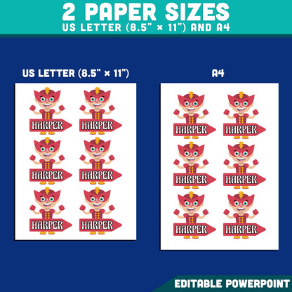 Superhero Labels Name Tags, Editable Locker & Cubby Labels, Brave & Bright Classroom Theme, PowerPoint Template, 10 Designs, US Letter, A4