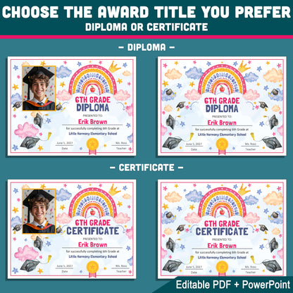 6th Grade Completion Certificate, Sixth Grade Graduation Moving Up Awards, Editable Rainbow Star Theme, Photo and No Photo, PDF and PowerPoint