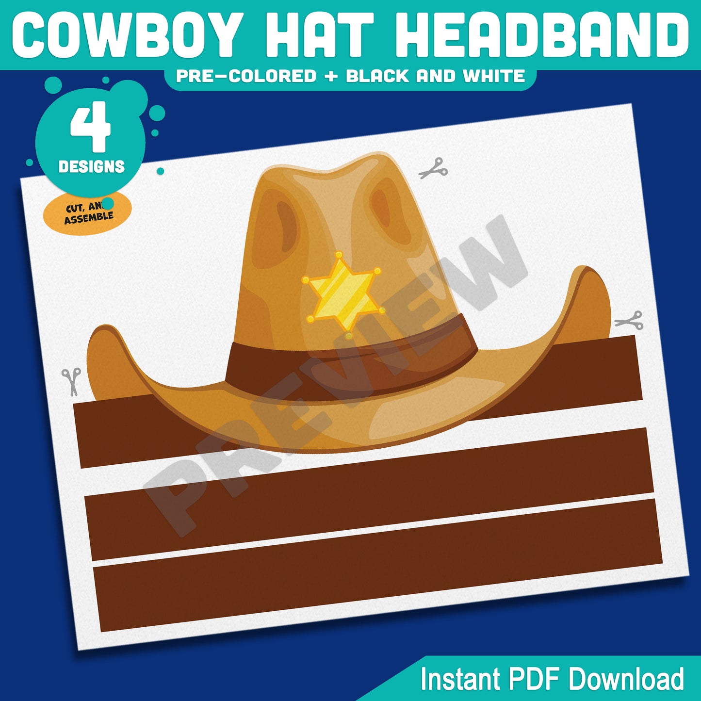 Cowboy Hat Headband Craft, Wild West Paper Crown Template, Wearable Cowgirl & Cowboy Coloring Activity, Summer Fun Printable
