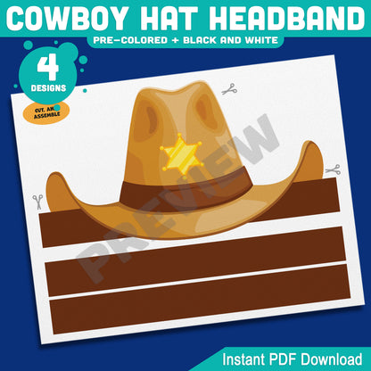 Cowboy Hat Headband Craft, Wild West Paper Crown Template, Wearable Cowgirl & Cowboy Coloring Activity, Summer Fun Printable