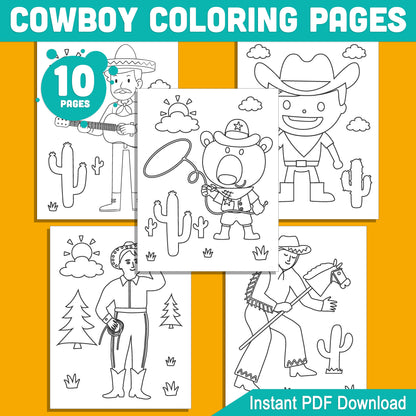 Cowboy Coloring Pages: 10 Engaging Designs for Kindergarten & Preschool Kids, Ideal for Parties and Learning Fun, Instant PDF Download