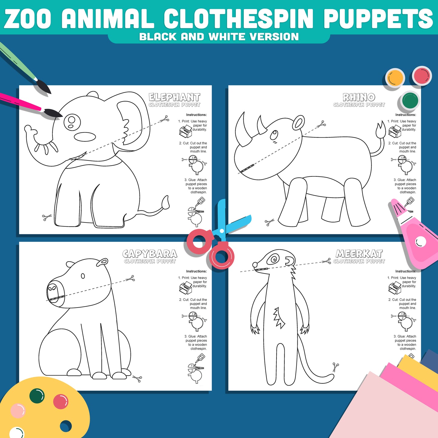 Zoo Animal Clothespin Puppets, Interactive Wildlife Craft Activity, Elephant Capybara Meerkat Rhino Printable Set