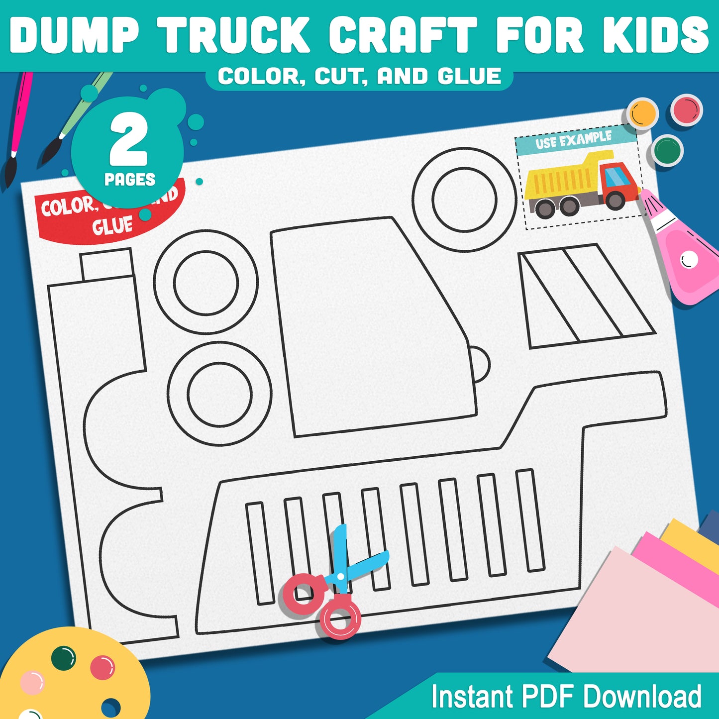 Dump Truck Paper Craft: Fun DIY Color, Cut, and Glue Project for PreK, Kindergarten, and 2nd Grade, Printable PDF Instant Download