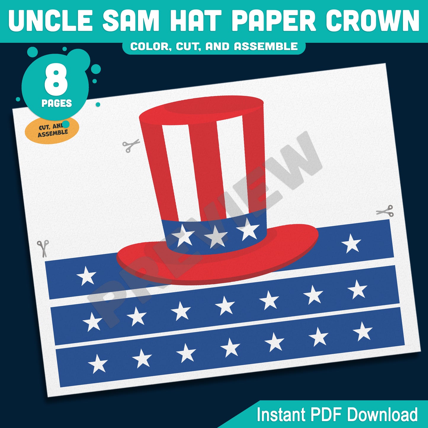 Uncle Sam Paper Hat Crown – Fun USA Patriotic Headband for Preschool & Kindergarten, Party Craft for July 4th or Veterans Day, PDF Download