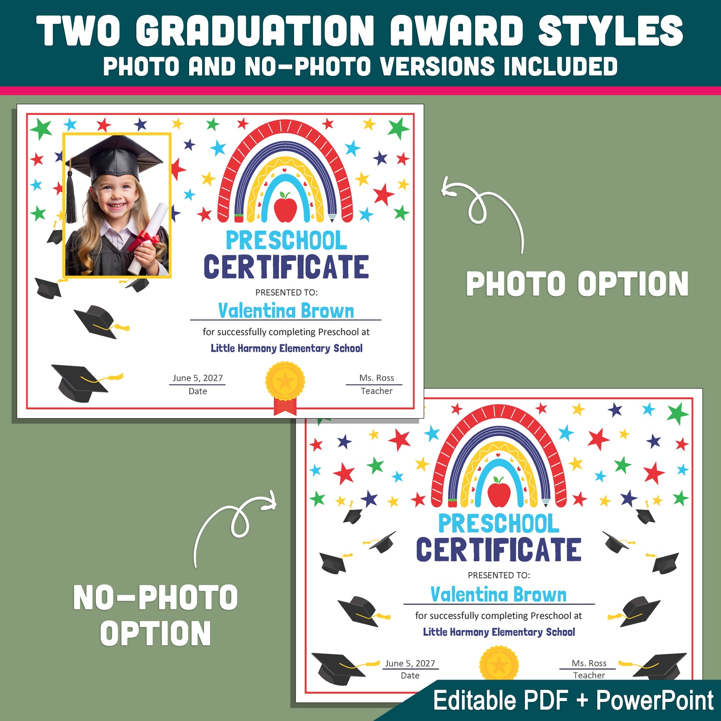 Editable Certificate of Completion, Printable Student Recognition Awards, PDF and PowerPoint, Pre-K to 8th & Beyond