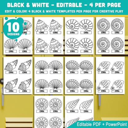 Editable Locker Labels (Cubby Name Tags), Sea Shell Themed, 8.5x11", 4 Per Page, PDF + PowerPoint, Instant Download, 40 Pages