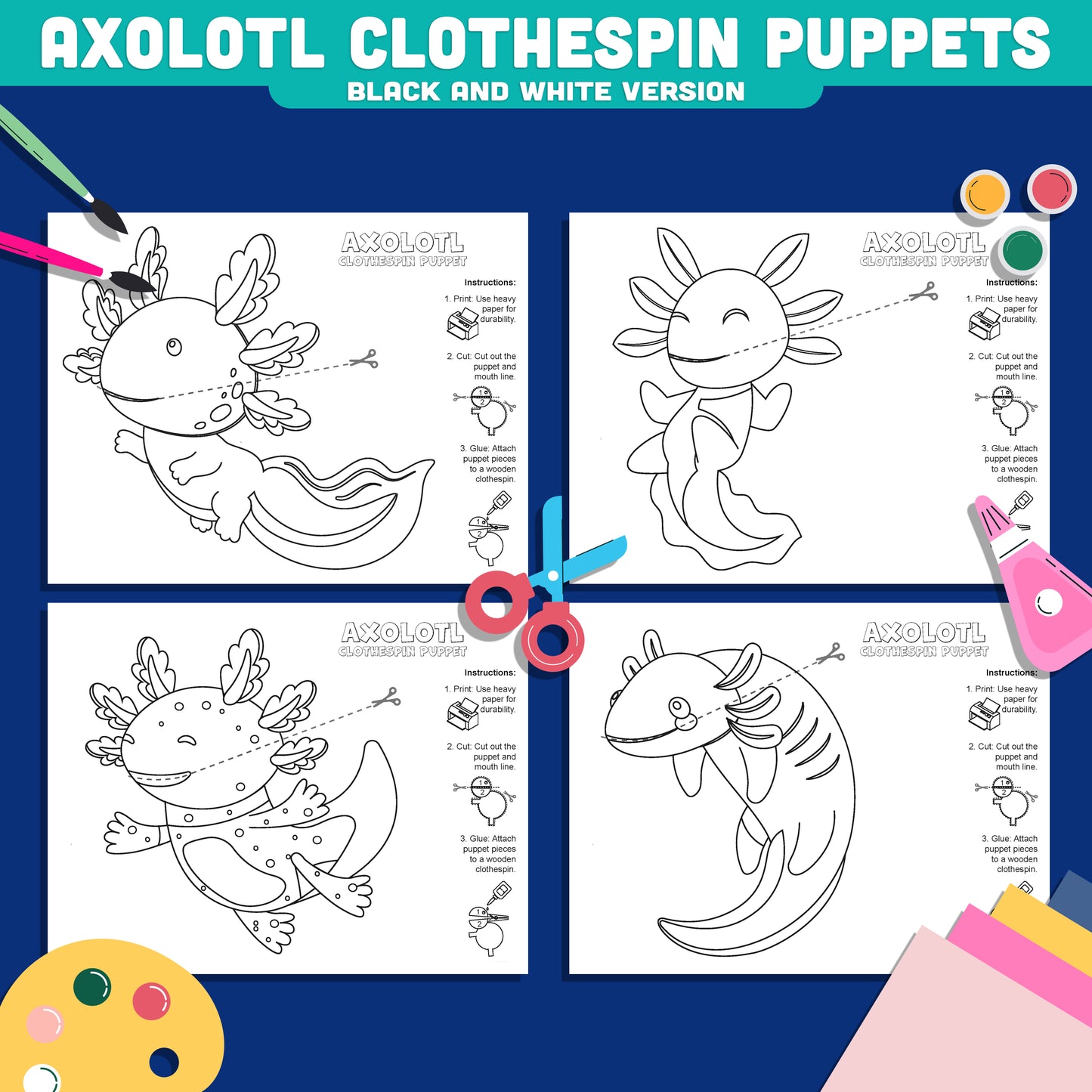 Axolotl Clothespin Puppets, Color Cut and Create Animal Craft, Printable Puppet Activity, Instant PDF Download