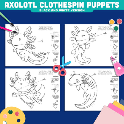 Axolotl Clothespin Puppets, Color Cut and Create Animal Craft, Printable Puppet Activity, Instant PDF Download