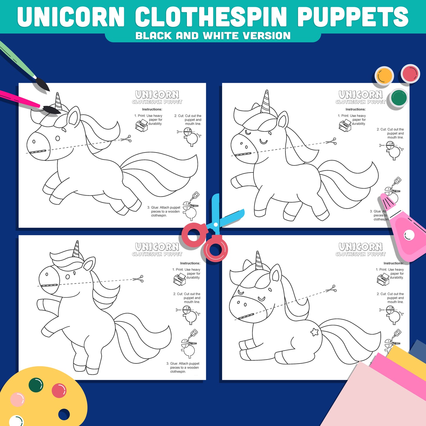 Unicorn Clothespin Puppets, Color Cut and Play Fantasy Activity, Interactive Printable Craft, Instant PDF Download