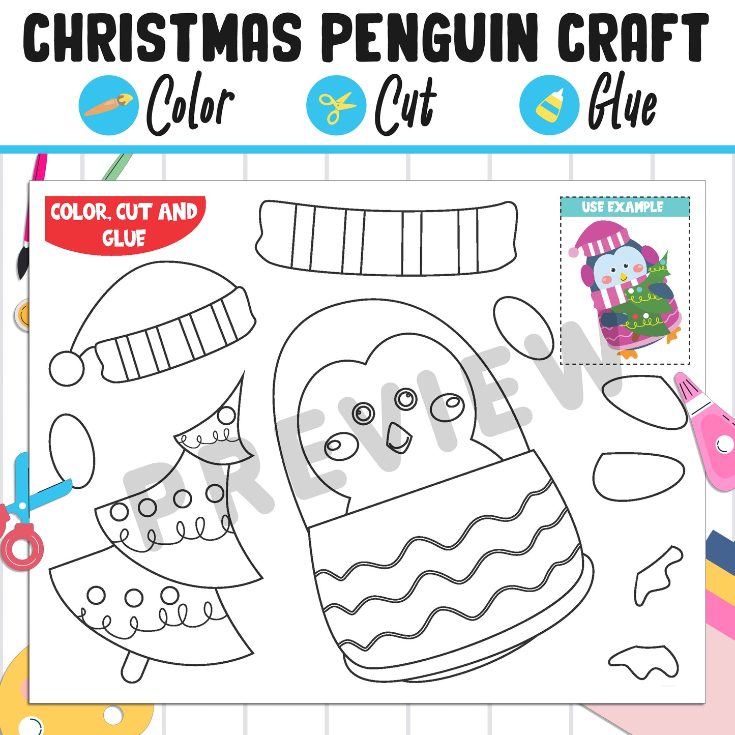 Christmas Penguin Craft for Kids : Color, Cut, and Glue, a Fun Activity for Pre K to 2nd Grade, PDF Instant Download