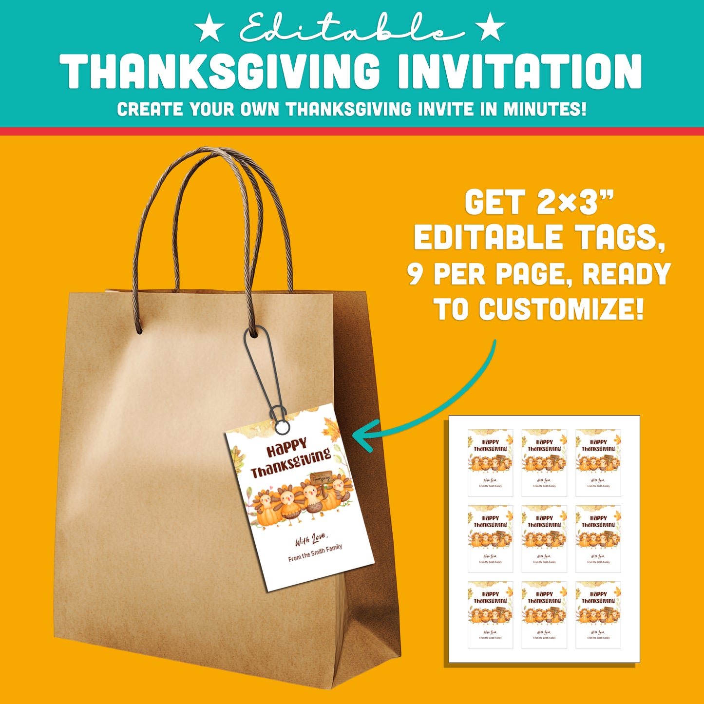 Thanksgiving Invitation, Gather the Crew – It’s Turkey Time!, Editable PowerPoint Template, 3 Sizes (Letter 8.5x11”, 5x7”, Tag 2x3”), High-Res 300 DPI