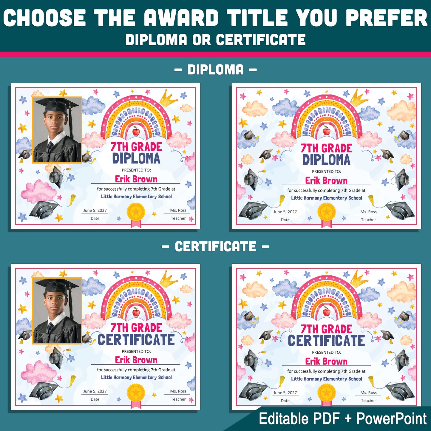 7th Grade Completion Certificate, Seventh Grade Graduation Moving Up Awards, Editable Rainbow Star Theme, Photo and No Photo, PDF and PowerPoint