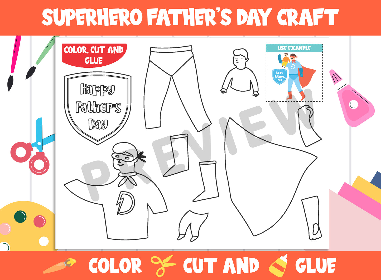 Superhero Father's Day Craft Activity - Color, Cut, and Glue for PreK to 2nd Grade, PDF File, Instant Download