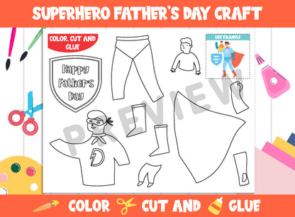 Superhero Father's Day Craft Activity - Color, Cut, and Glue for PreK to 2nd Grade, PDF File, Instant Download