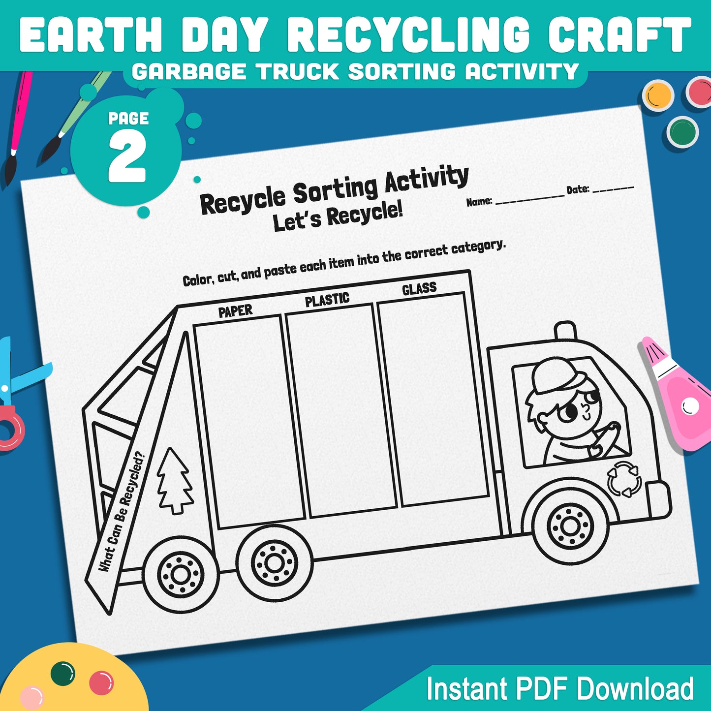 Earth Day Recycling Craft, Garbage Truck Sorting Activity, Recycle Sorting Worksheet, Cut and Paste Activity for Kids, Classroom Printable PDF