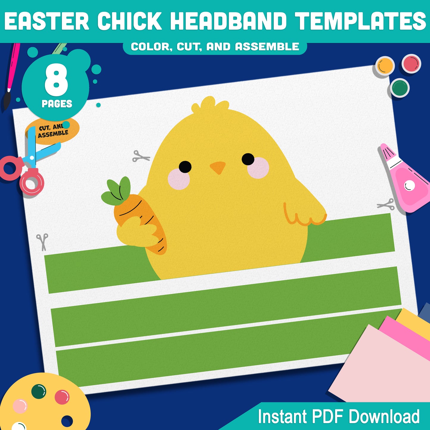 Easter Chick Headband Templates – Spring Paper Crown Printable, Holiday Hat Craft for Kids, Pre-color + Black & White, Cut & Assemble