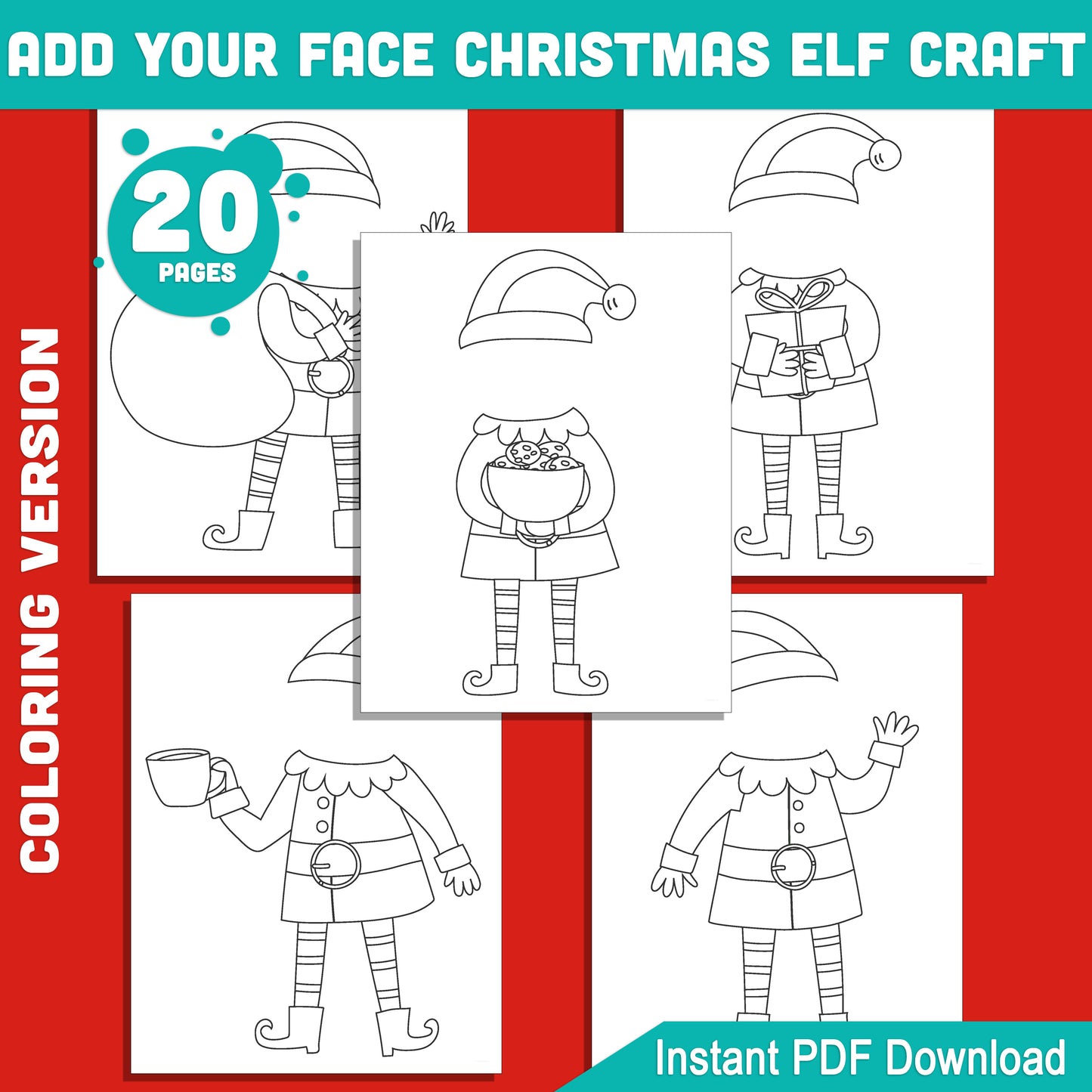 Add Your Face Christmas Elf Craft – Coloring Version, Christmas Elf Cut and Paste Templates, Kids Holiday Craft for Home or Classroom, Printable 20 Pages PDF 8.5x11