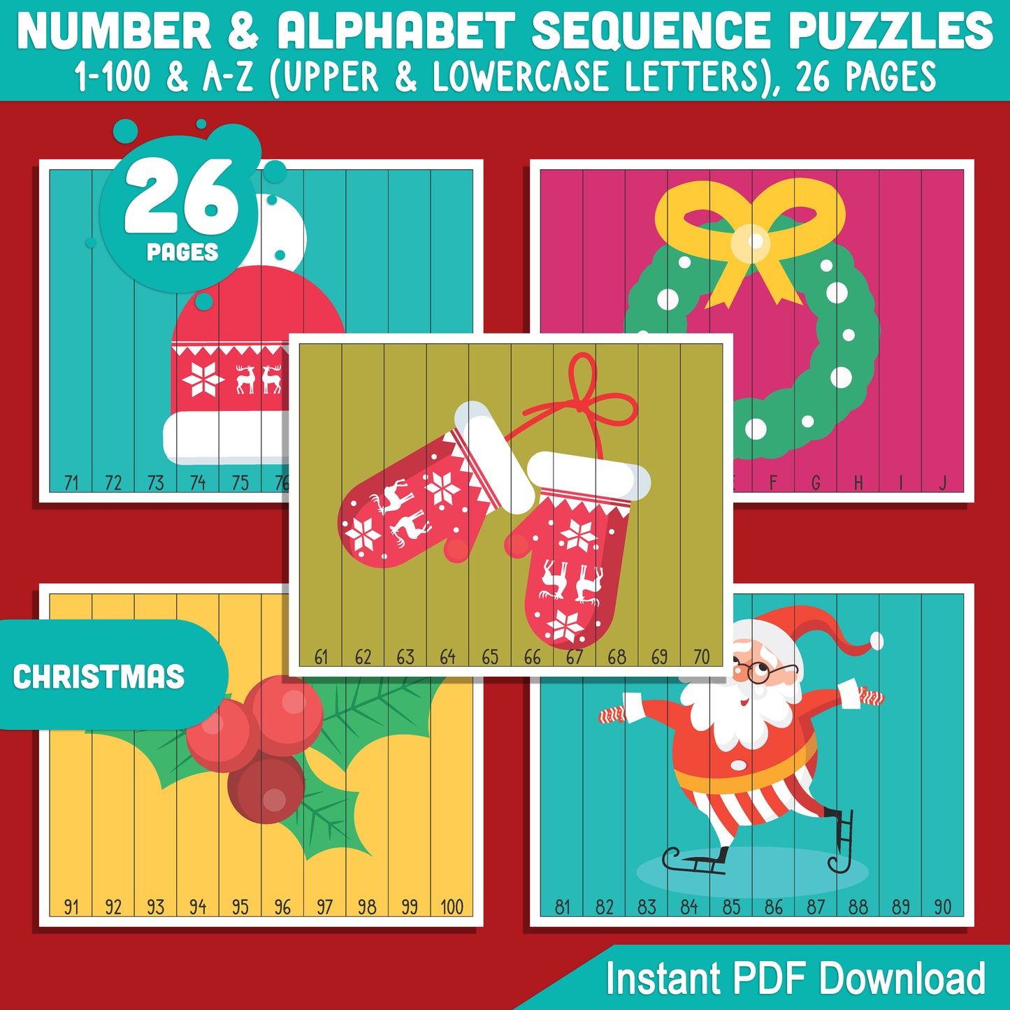 Engaging Christmas Number & Alphabet Sequence Puzzles: 1-100 & A-Z PDF for Toddlers, Preschool, and Kindergarten, Great for Early Math Skills