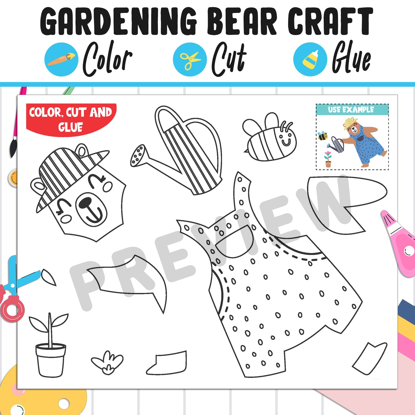 Gardening Bear Craft for Kids: Color, Cut, and Glue, a Fun Activity for Pre K to 2nd Grade, PDF Instant Download