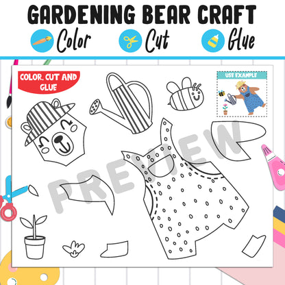 Gardening Bear Craft for Kids: Color, Cut, and Glue, a Fun Activity for Pre K to 2nd Grade, PDF Instant Download