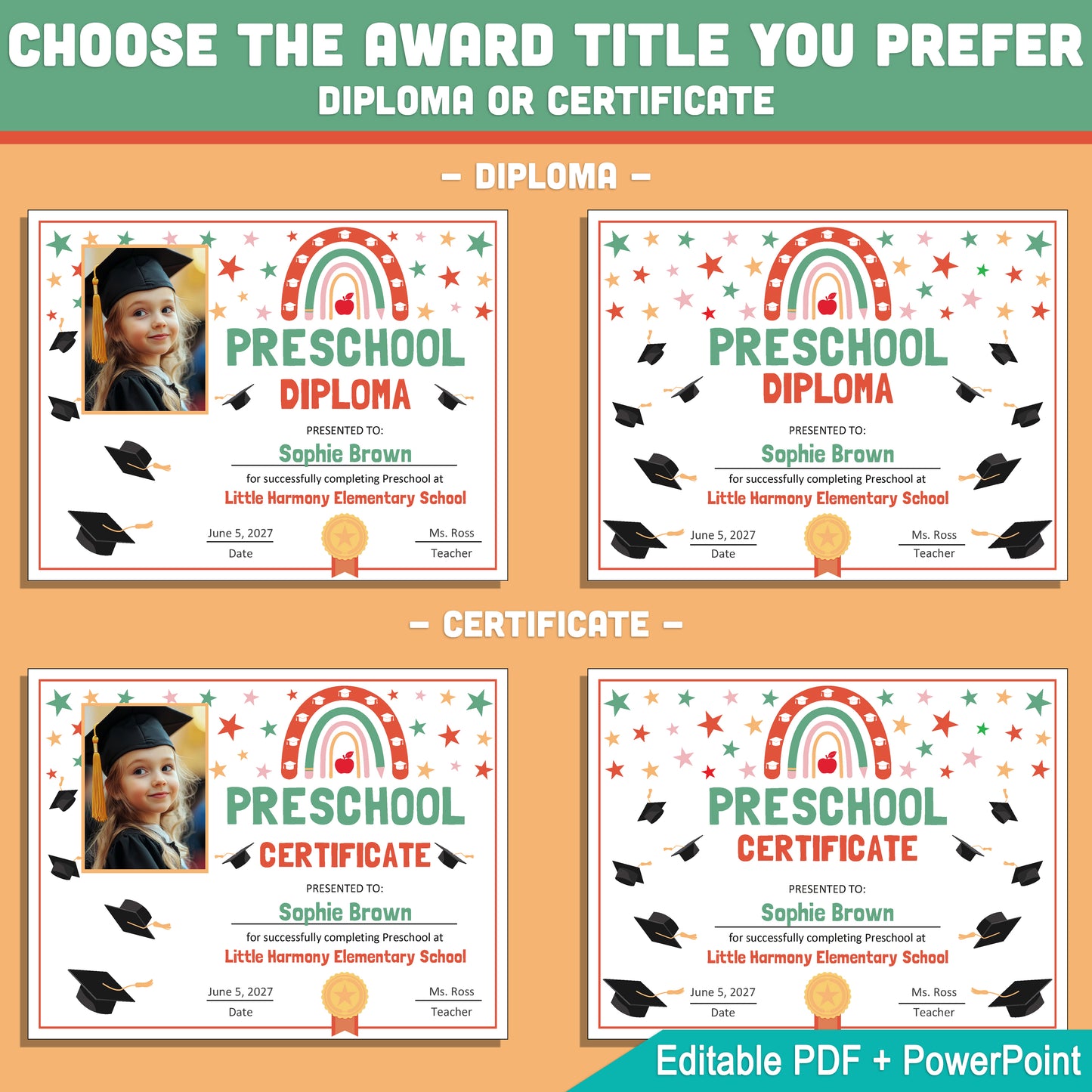 Editable Preschool Graduation Diploma & Certificate Set, Retro Rainbow Stars Theme, 8.5x11 Awards, Photo and No-Photo Options, PDF, PowerPoint