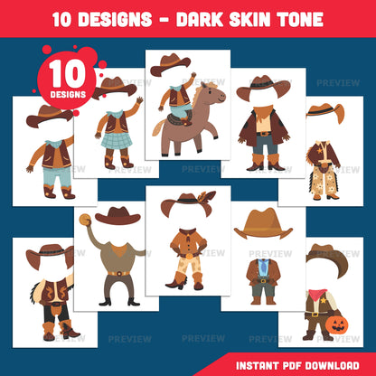 Cowboy Add Your Own Face Craft, Wild West Activity, Printable Body Templates, Bulletin Board Activity, Coloring Version Included, Light Dark Skin Inclusive Designs, PDF PNG Transparent Files