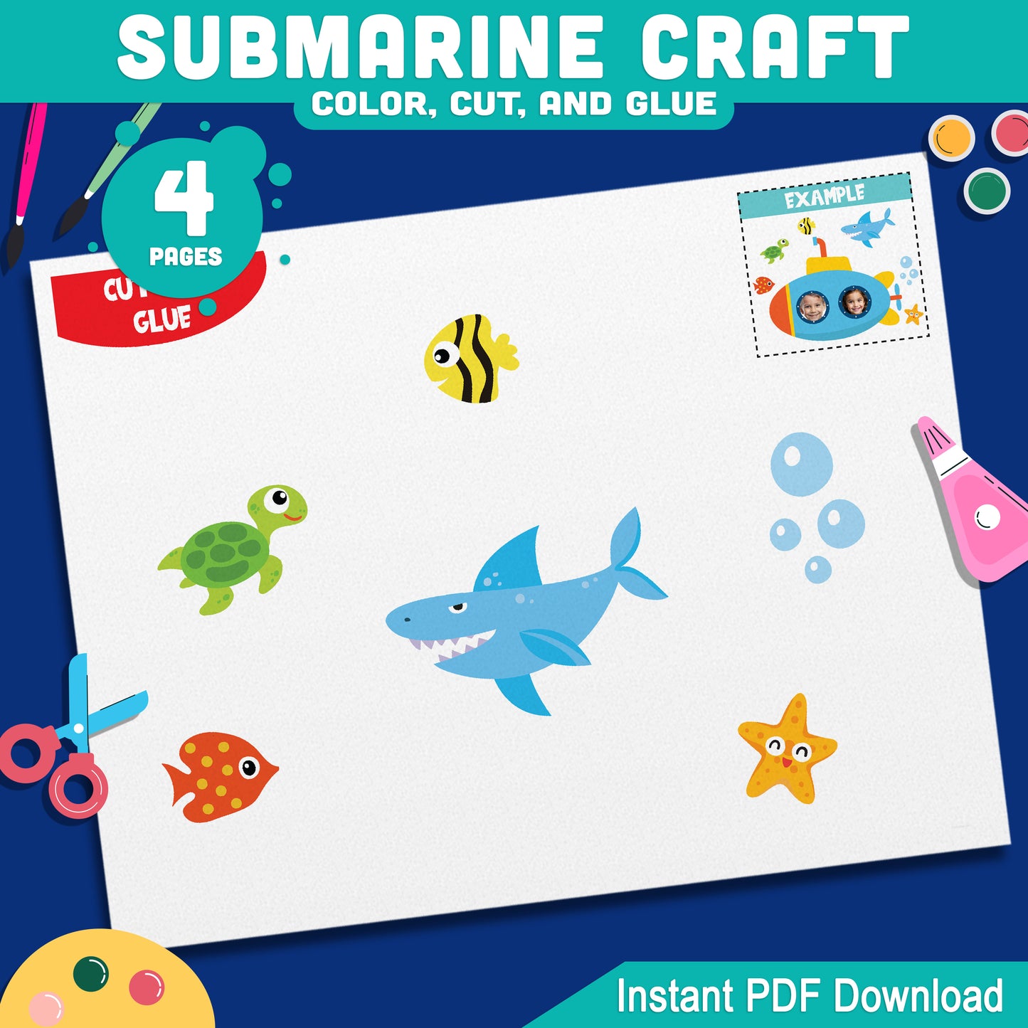 Under the Sea Submarine Photo Craft, Summer Printable Activity, Ocean-Themed Cut and Glue Project, Classroom Decor, Full Color and Outline Set