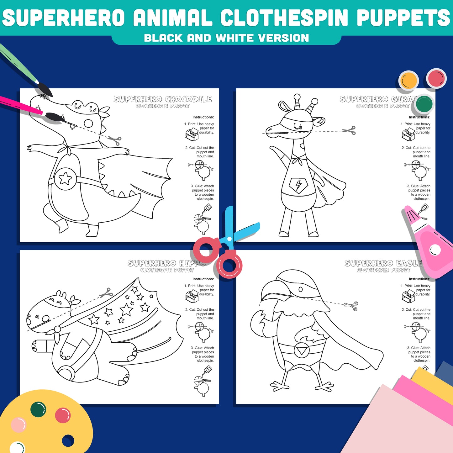 Superhero Animal Clothespin Puppets, Color Cut and Create Animal Heroes, Printable Puppet Craft for Kids PDF