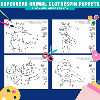 Superhero Animal Clothespin Puppets, Color Cut and Create Animal Heroes, Printable Puppet Craft for Kids PDF