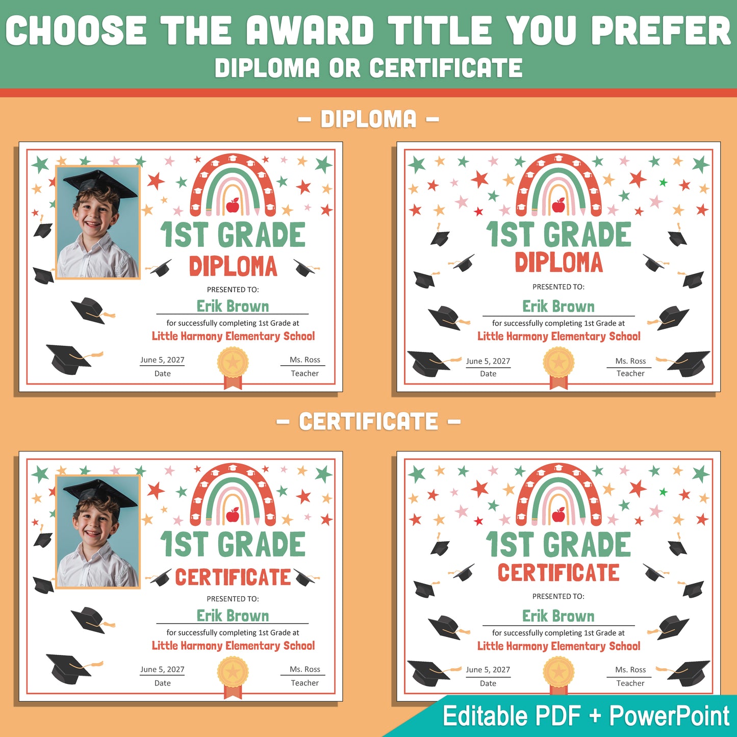 Editable 1st Grade Graduation Diploma & Certificate Set, Retro Rainbow Stars Theme, Printable Awards, Photo or No-Photo Options, PDF, PowerPoint